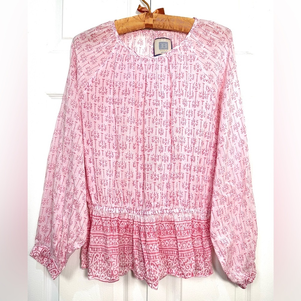 Bell Est 2000 Boho Peasant Blouse Pink Block Print Smocked Waist Top Size L